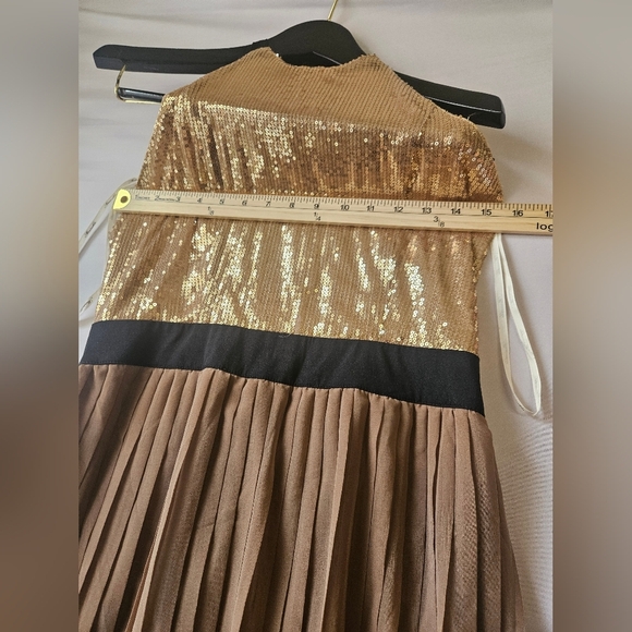 Marineblu Size L Gold Sequin Halter Dress with Pleated Skirt High Low. - Picture 2 of 7